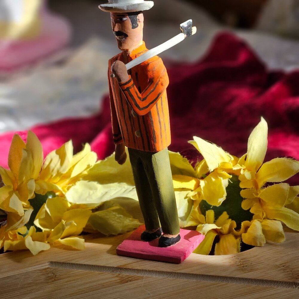 VINTAGE MAN WITH AX CARRYING MAN COPAL WOOD SCULPTURE SIGNED BY ARTIST